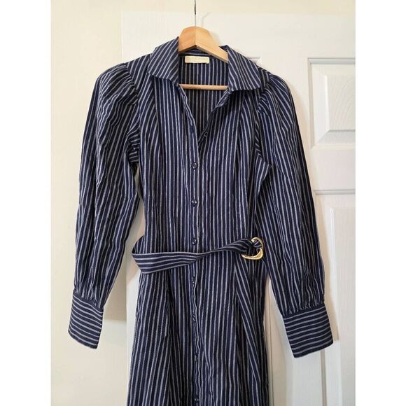 Ulla Johnson Athena Blue Striped Midi Belted Dress 2 - Picture 3 of 10